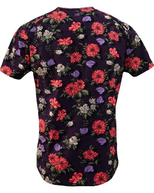 Lords of Harlech Red Floral Cotton V-Neck Tee for men