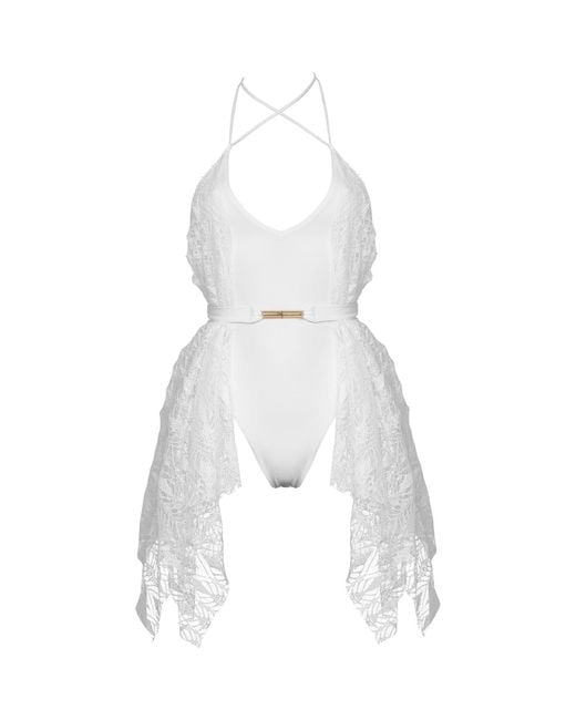 ANTONINIAS White Sumptuous Deep V One-Piece Swimsuit With Side Lace Detail And A Belt