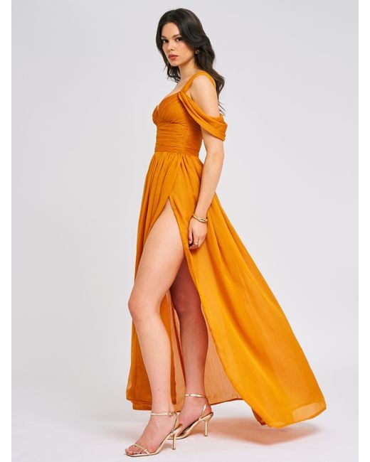 Miss Circle New York Orange Jelani Layered Mesh High-Slit Drape Maxi Dress