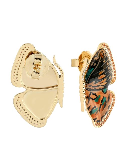 Artisan Brown 18k Gold & Pink Sapphire Pave Diamond Picture Enamel Butterfly Stud Earrings