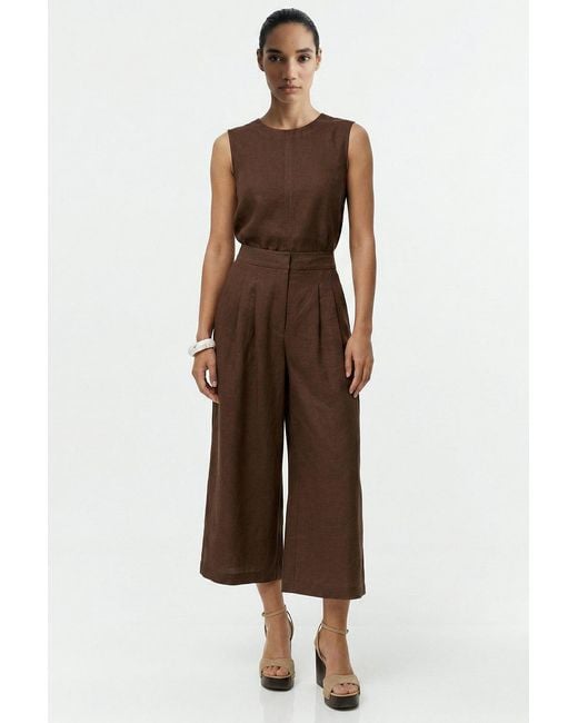 Exquise Brown Owen Pocket Zipper Culotte Linen Pants