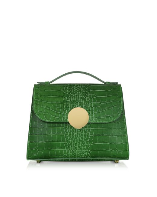 Le Parmentier Green Bombo Croco Embossed Leather Top-Handle Satchel Bag W/Strap