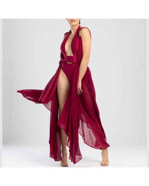 ANTONINIAS Red Plonger Deep Plunge Halter Neck Swimsuit With Decorative Belt
