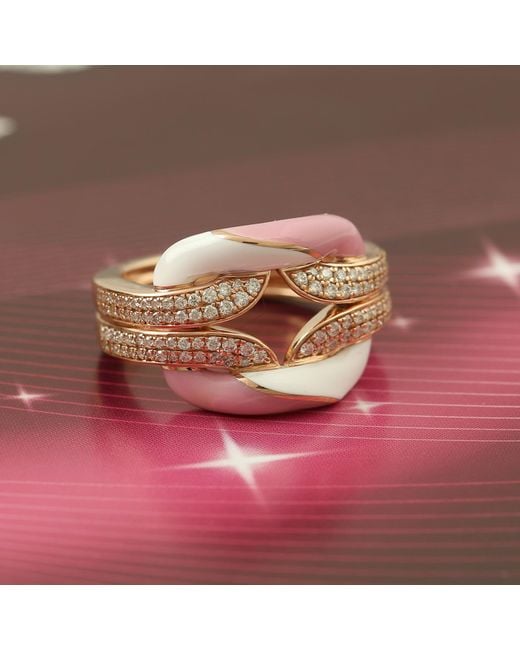 Artisan Pink 18k Solid Rose Gold With Pave Diamond & Enamel Designer Ring