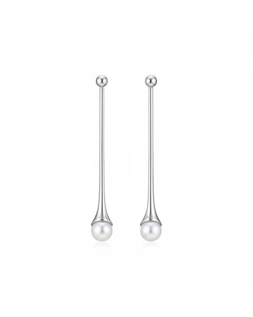 Angel Barocco Metallic Minimalist Pearl Drop Bar Earrings