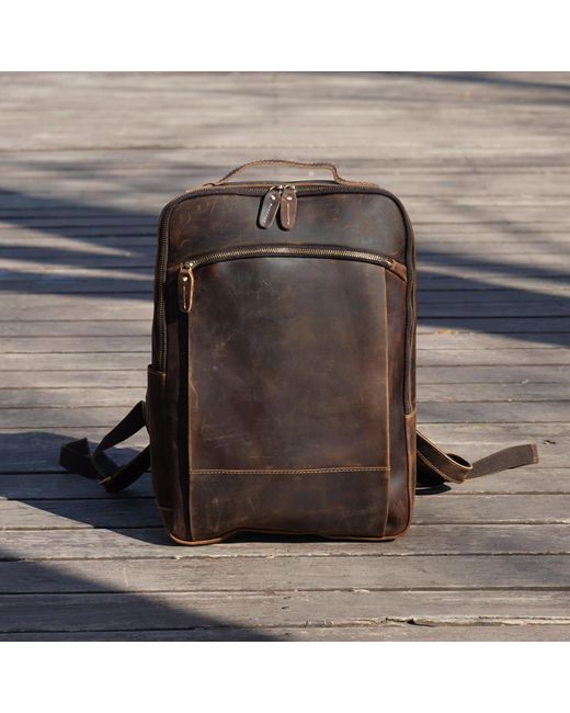 Touri Brown Minimalist Zip Open Leather Backpack for men