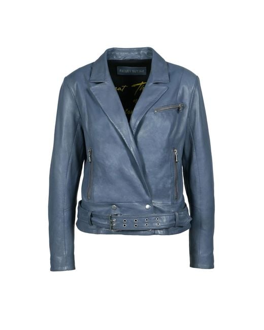 Freaky Nation Blue Leather Biker Jacket Graphite