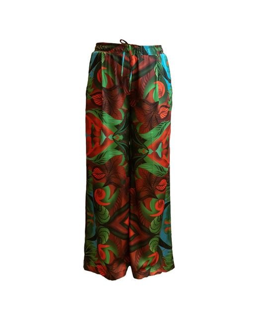 Janara Jones Green Autumn Paisley Print Satin Wide Legged Oversized Trousers