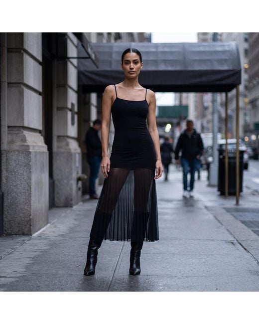 Modenaire Black Sheer Mesh Maxi Dress With Spaghetti Straps & A Fitted Silhouette