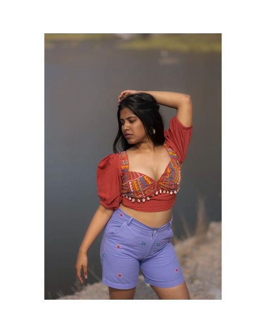 Tega Collective Red Alankara Balloon Sleeve Crop Top