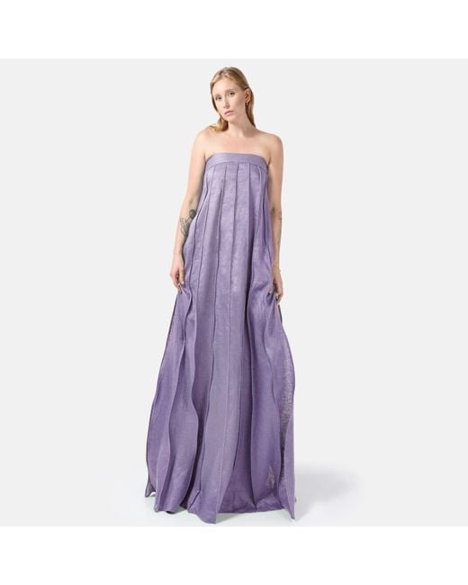 Kargede Purple Lilac Linen Maxi Dress – Designer Strapless Gown With Pleated Detail