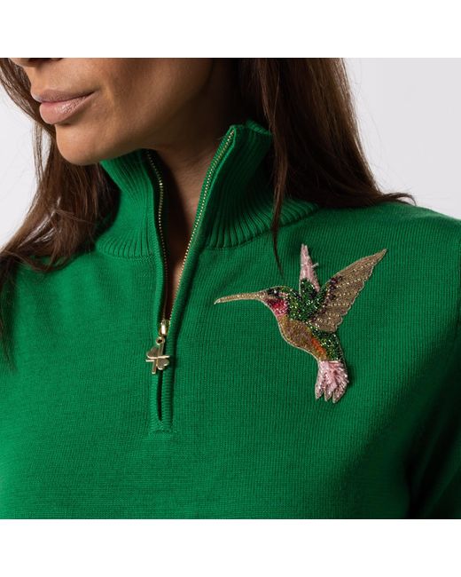 Laines London Green Laines Couture Quarter Zip Jumper With Embellished Hummingbird