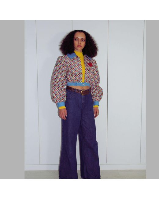 Couture to Your Door Blue Geometric Tapestry Cropped Bomber Jacket