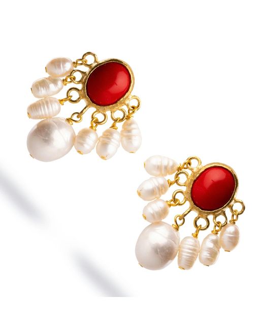 Ebru Jewelry Red Coral Pearl Cluster Drop Earrings