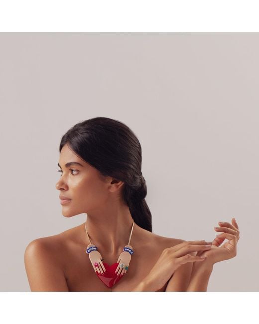 Gissa Bicalho Red Handmade Acrylic Chocker Necklace Hands And Heart