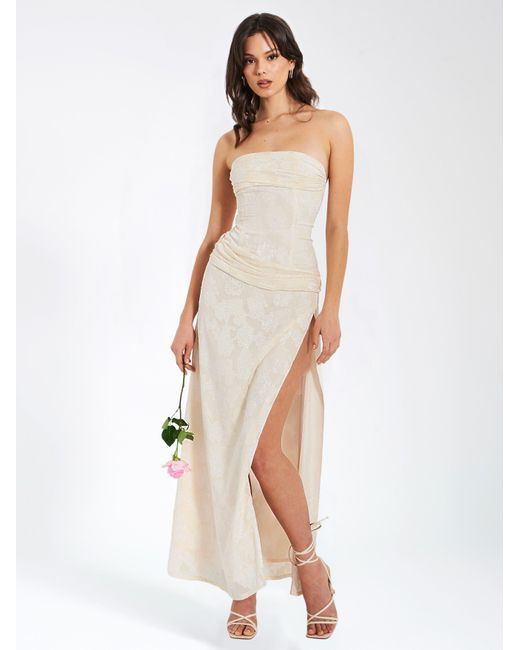 Miss Circle New York White Neutrals Xatia Off Jacquard Textured High Slit Maxi Dress