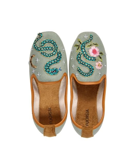 Fuchsia Shoes Green Viper Velvet Moccasins