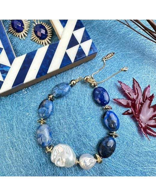Farra Blue Agate With Baroque Freshwater Pearl Adjustable Bracelet