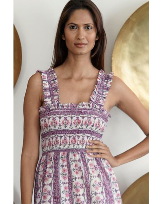 La Mandarine Purple Summer Maxi Dress With Pockets. Block Print Cotton Summer Midi Nap Dress Lila