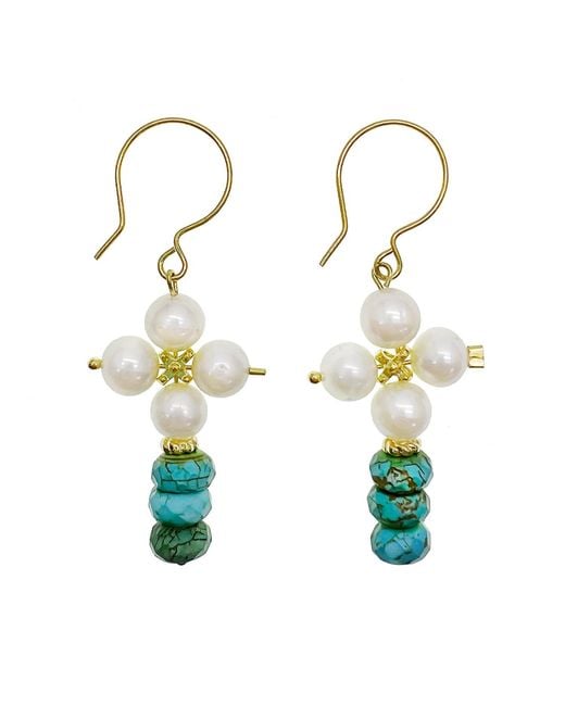 Farra White Freshwater Pearls With Turquoise Earrings