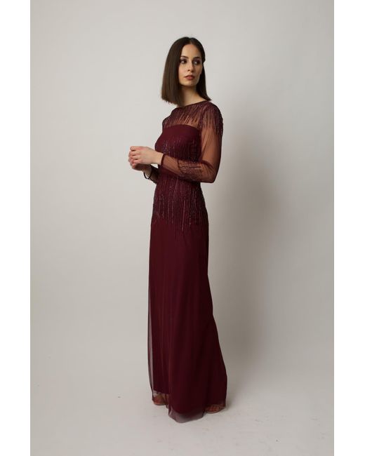 Raishma Purple Burgundy Laurel Featuring Sheer Long Sleeves & Delicate Vertical Lines Of Embroidery In Key Areas Gown