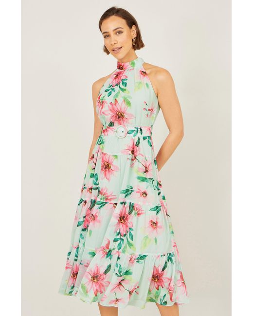 Yumi' White Mint Floral Halter Neck Midi Dress With Matching Belt