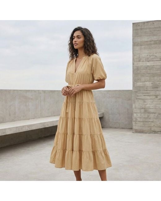 Modenaire Natural Tiered Midi Dress Fluid A-Line Form