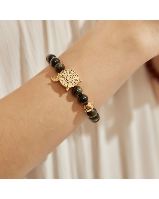 Aurozia Black Three Charms Solar Meridian Plated Sundial And The Sun Coin Golden Obsidian Beaded Bracelet