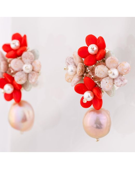 Oana Savu Red Pearls Earrings Sterling Studs Glass Beads Hand Beaded