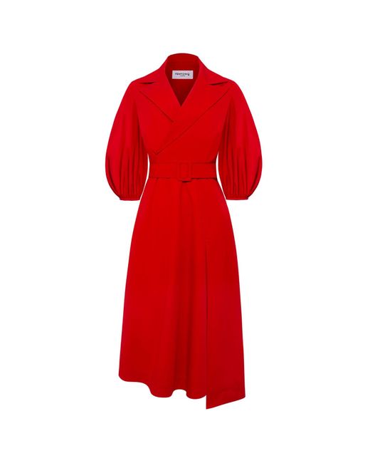Femponiq Red Wide Lapel Asymmetric Belted Midi Cotton Dress