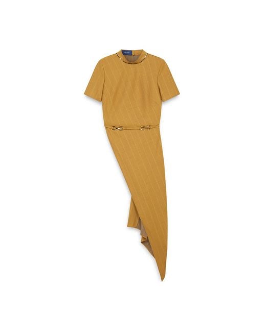 Amanda Thompson Couture Metallic Tilda Asymmetric Top/ Mustard Pinstripe