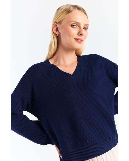 Brodie Cashmere Blue Rippled Stitch V Neck
