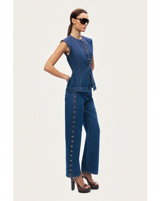 Nocturne Blue Eyelet Detail Wide-Leg Denim Pants