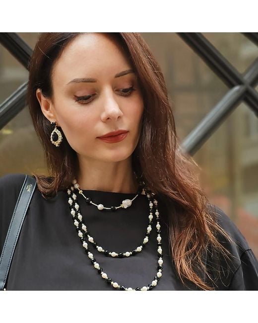 Farra Metallic Obsidian And Pearls Double Layers Bracelet Or Choker