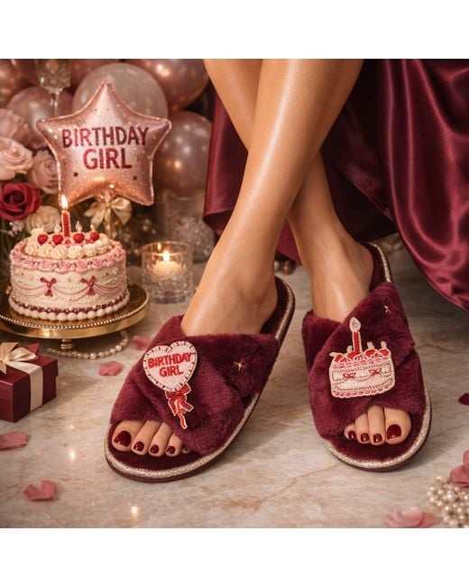 Laines London Red Classic Laines Slippers With Birthday Girl Brooches