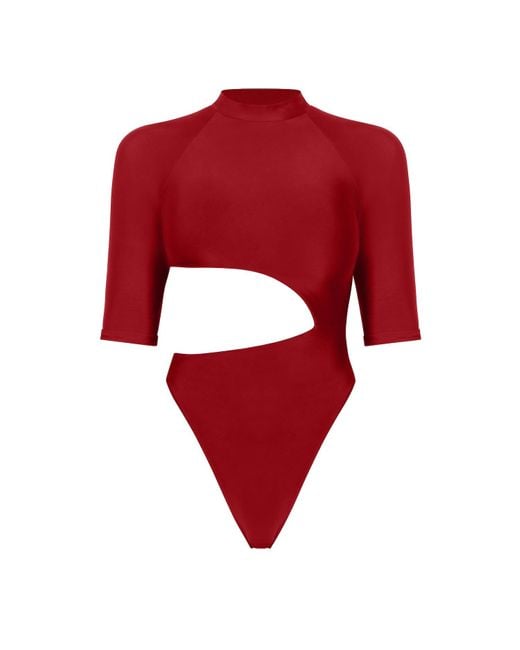 Moda Glam Red Side Cut Out Bodysuit- Burgundy