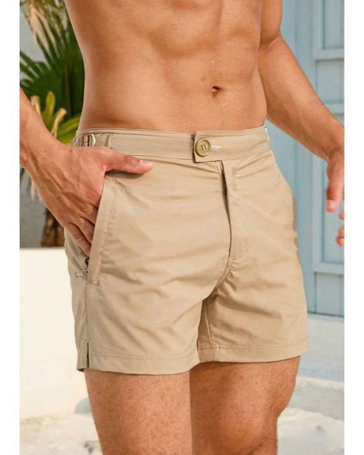 Vayla Natural Neutrals Classic Plain Mocha Long Length Swim Shorts With Adjustable Waist for men