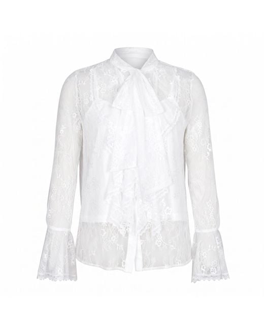 Modenaire White Sheer Lace Blouse With Bow Tie Neck Ruffle Front Detail With Cami