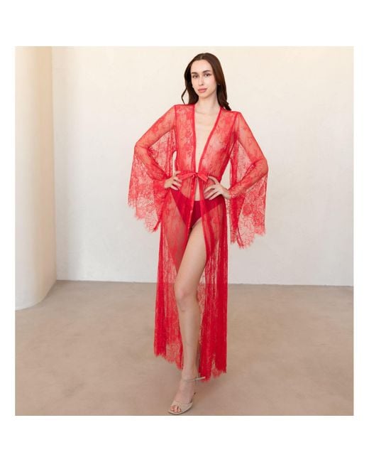 KÂfemme Red Sexy Lingerie Peignoir Lace Kimono Robe