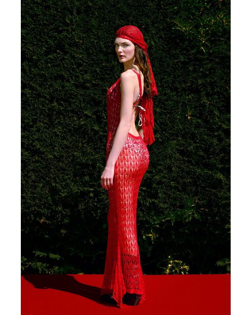 Pcfg Red The Solar Reflections Open Knit Maxi Beach Dress