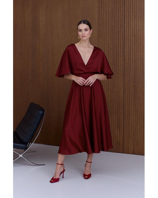 Undress Red Sonya Midi Cocktail Dress With Butterfly Sleeves
