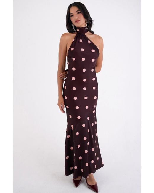 Amy Lynn Purple Baia Burgundy Polka Dot Halterneck Maxi Dress