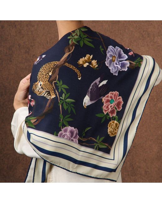 Silk and Bears Blue Midnight Safari Wool Silk Scarf – Animal Print Wrap, Hand-Rolled Hem, Winter Gift