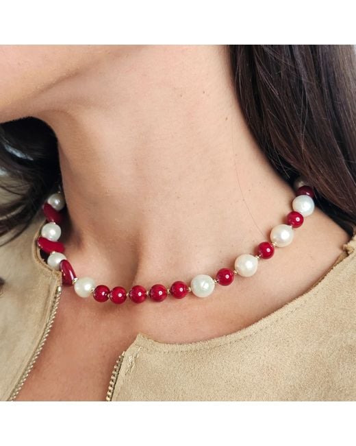 Farra Red Freshwater Pearls With Heart Choker Necklace
