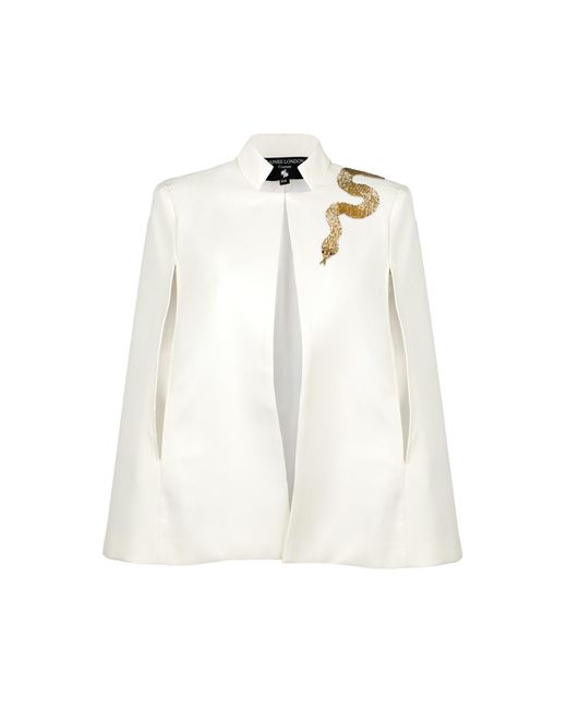 House of Laines London White Neutrals Ivory Couture Tailored Cape With Embellished Shoulder Snake