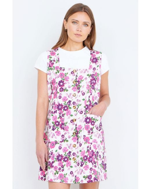 Yumi' Purple Retro Floral Cotton Stretch Pinafore Dress