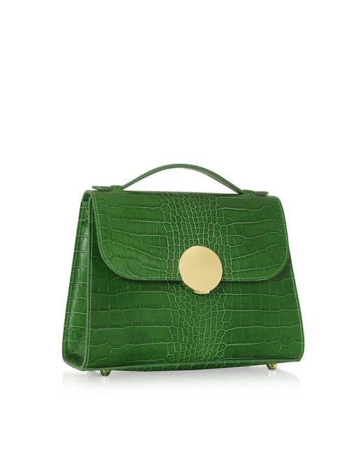 Le Parmentier Green Bombo Croco Embossed Leather Top-Handle Satchel Bag W/Strap
