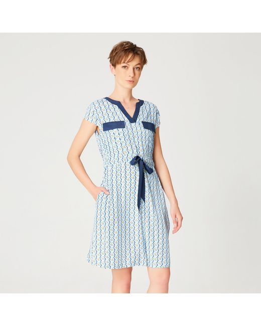 Smart and Joy Blue Tunic Dress With Drawstring Belt And Geometric Print