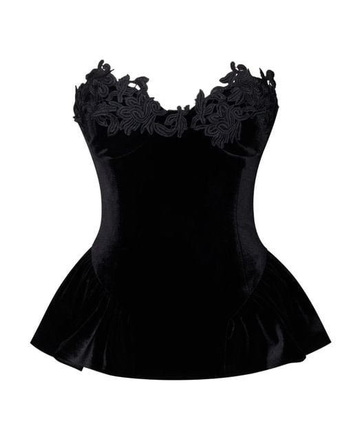 Miss Circle New York Black Qiara Velvet Peplum Top With Lace Trim