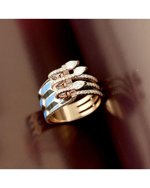 Artisan Metallic 18k Solid Rose Gold With Pear Diamond & Enamel Coated Statement Ring